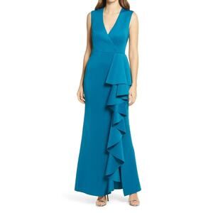 ELIZA J NEW $198 Sleeveless Ruffle Stretch Satin Gown‎ in Peacock Size 2